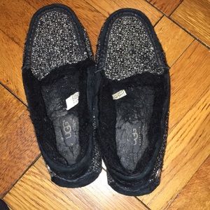 Black, white and gold speckle tweed ugg slippers